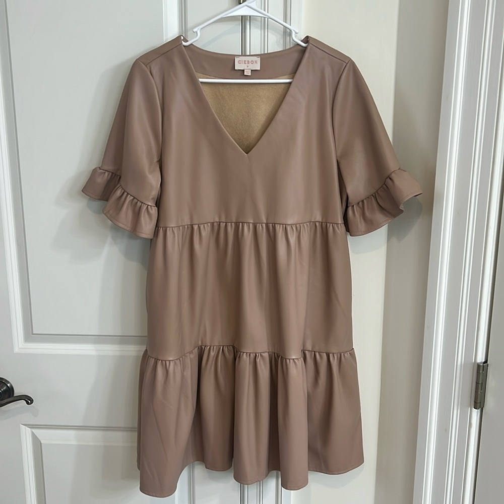 Cider V-Neck Ruffle Sleeve Tiered Dress in Taupe